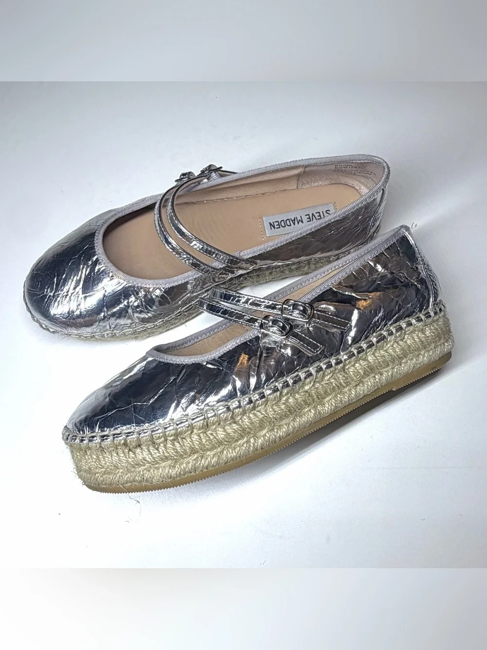 Steve Madden Women’s Silver Metallic Espadrille Mary Jane Platform Flats Size-8M